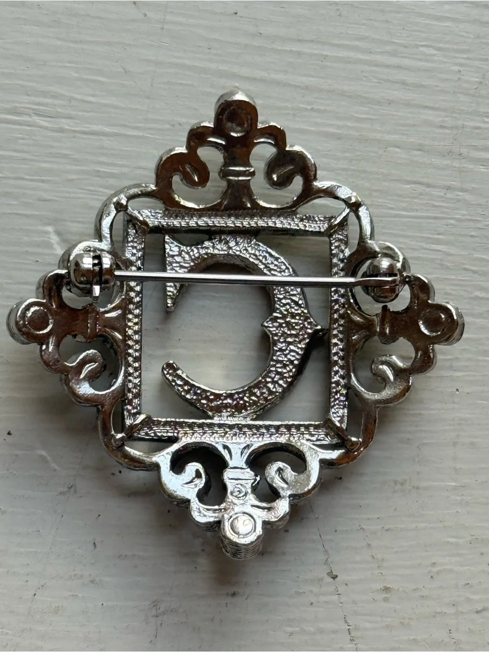 Vintage Avon 1991 Letter C Monogram Brooch Pin Silvertone Marcasite 1.5